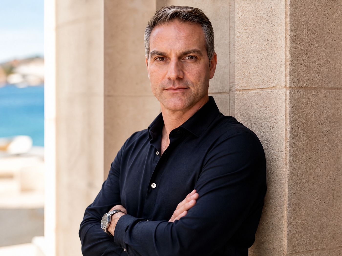 Andreas Aroditis, arms folded, leaning against a sunlit limestone wall with the Mediterranean behind him.